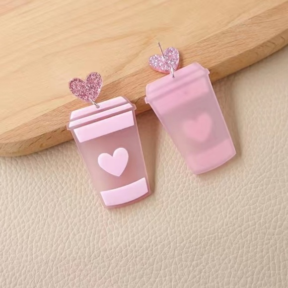 Sparkling Pink Coffee Milk Tea Cup Acrylic Studed Earrings - Picture 3 of 6